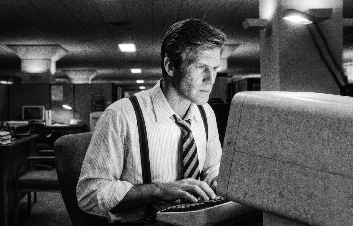 Grainy black and white photograph of a man in shirt, tie and suspenders at a CRT computer in an 1980s office, lit by a single desk lamp.